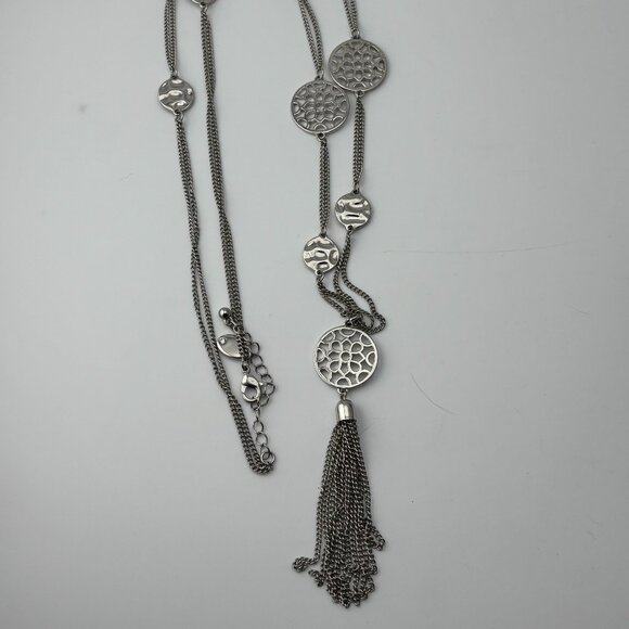 Silver Toned Circle Design Tassel Long Body Necklace - Picture 2 of 3
